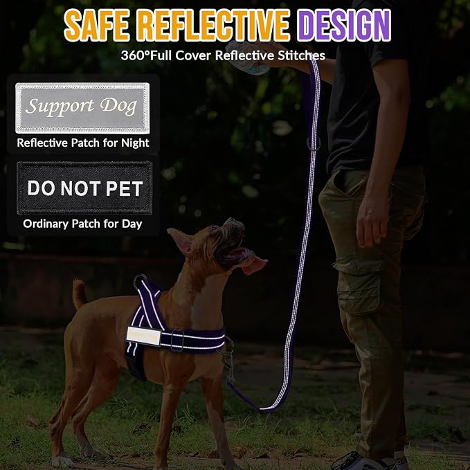 SlowTon No Pull Dog Harness - Heavy Duty Dog Harness and Leash Set for Medium Large Dogs, Reflective Tactical Harness with Soft Padded and Front Clip for Easy Walk and Training (Purple, L)