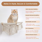 Macrame Cat Wall Shelves & Hammock - Comfy Cat Beds with Window Perch for Indoor Cats, Sleeping & Climbing, Cotton Rope, Natural Wood, Maximum Hold up to 30lb, Beige White