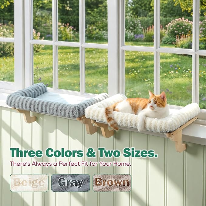 Zakkart Mellow Cat Perch for Windowsill with Hardwood Frame (Beige, XL) | Hook-On Windowsill Mount, Zipper Removable Bed, Open-front View, Machine Washable, Support up to 40 lbs., 27"W x 15.5"D