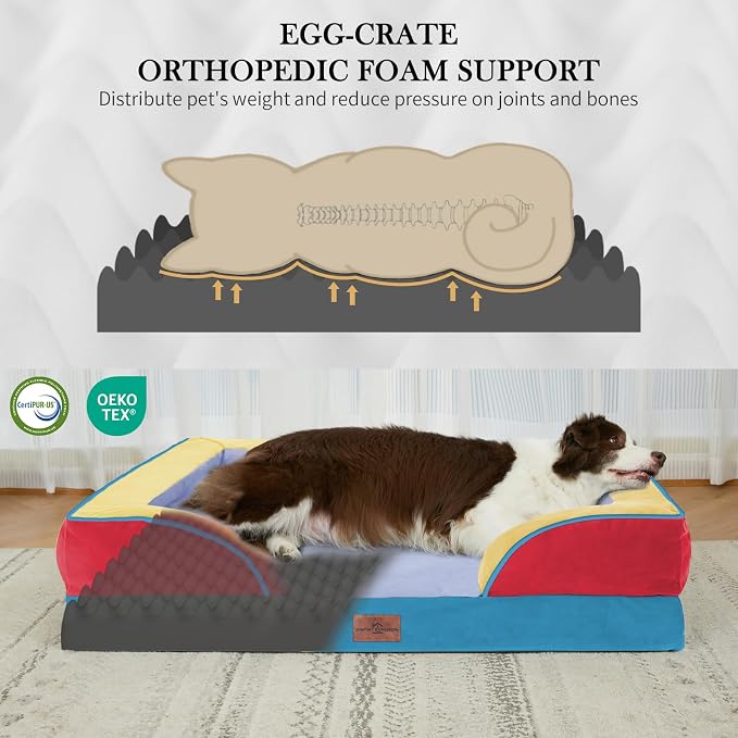 Comfort Expression Orthopedic Dog Bed for Extra Large Dogs with Bolster | Waterproof Dog Couch Bed with Washable Cover & Non-Slip Bottom, Supportive Egg Crate Foam XL Pet Bed, 42x30 Inch