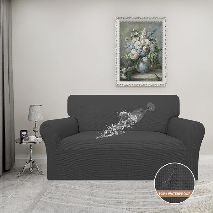 Easy-Going 100% Waterproof Oversized Loveseat Cover, Couch Cover for Sofa | Dual Waterproof Sofa Cover, Stretch Jacquard Sofa Slipcover, Leakproof Furniture Protector for Kids Pets Dog, Dark Gray
