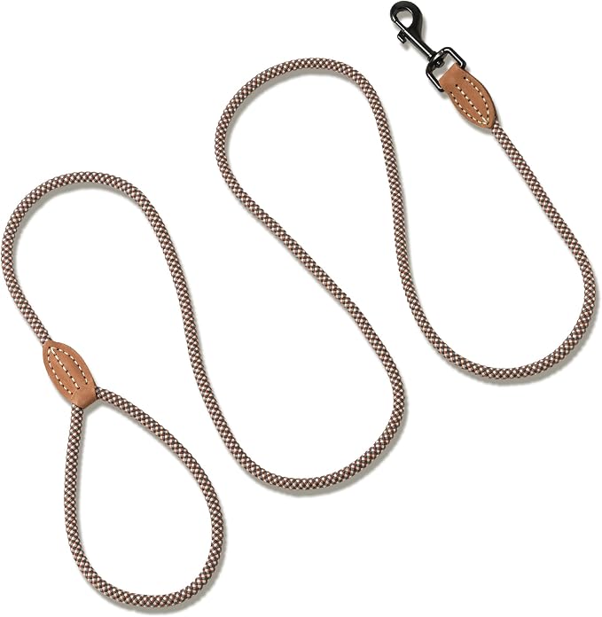 Mile High Life Thin Small Dog Leash with Genuine Leather Connection | Rope Leash, Heavy Duty 360° Swivel Metal Clasp, for Small Medium & Large Dogs (Brown, 60 Inch)