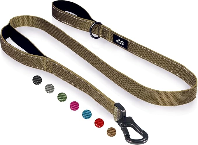 Twoear 6FT 1IN Heavy Duty Dog Leash for Large Dogs with 2 Padded Handles | Traffic Handle Extra Control, Auto Lock Hook, Strong Reflective Walking Leash for Night Safety, Medium and Large Breeds,Brown