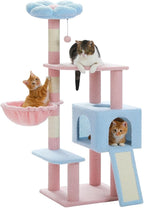 MUTTROS Flower Cat Tree 47.2" Multi-Level Cat Tower with Sisal Covered Scratching Posts, Cute Cat Condo for Indoor Small Medium Cats, Pink Top Perch, Ramp, Fluffy Ball, Blue