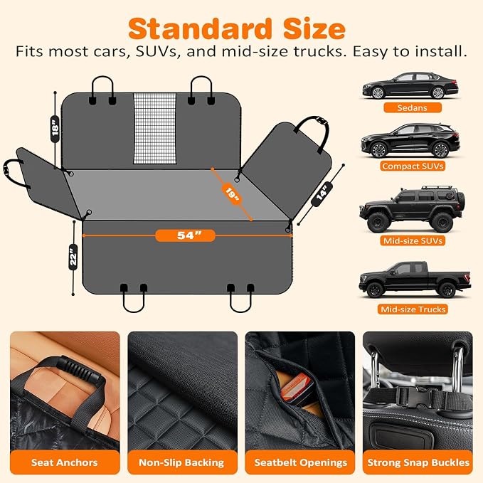 URPOWER Dog Car Seat Cover for Back Seat, Waterproof Hammock for Car & SUV | Mesh Window, Side Flaps, 600D Oxford, Scratch Resistant, Non-Slip, Easy Install, Machine Washable, Pee Pad Included
