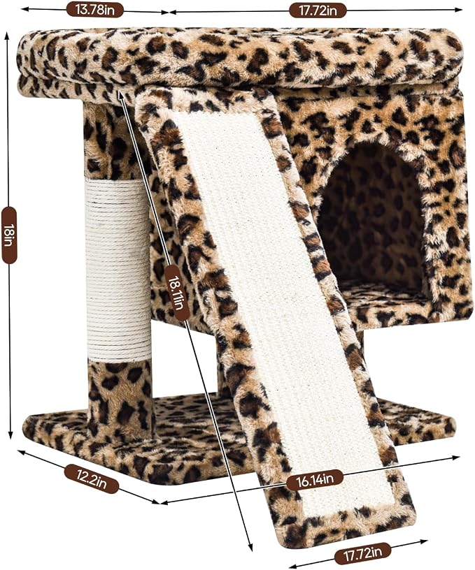 SYANDLVY Small Leopard Print Cat Tree with Perch for Indoor Cats, Cat Tower with Scratching Post, Modern Activity House for Large Cats, Condo with Board, Kittens Cave