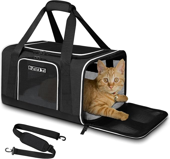 Petskd Small Pet Carrier 18" L x 11" W x 11" H Airline Approved, Black | for Delta/American/United Airlines, Lockable Safety Zippers and Anti-Scratch Mesh, Pets Under 10 lbs