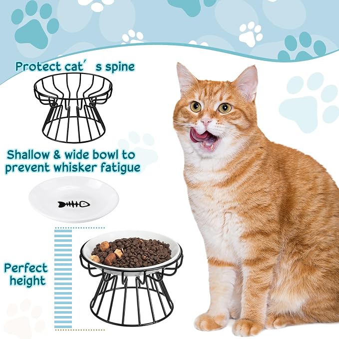 Roshtia 4 Sets Elevated Cat Bowls Ceramic Raised Cat Food Bowls with Metal Stand Dishwasher Safe Dishes Non Slip Elevated Food Plate(Black,Fishbone)