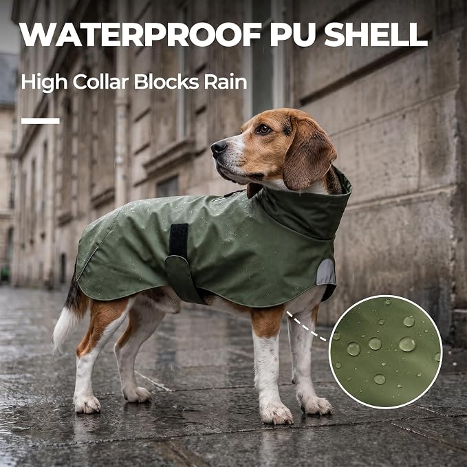 PU Dog Raincoat, Non-Toxic & Odorless Waterproof Vest, Adjustable High Neck and Hook & Loop Belly Closure for Rainy Potty Breaks & Wet Weather Outdoor Walks (Olive Green, Small)