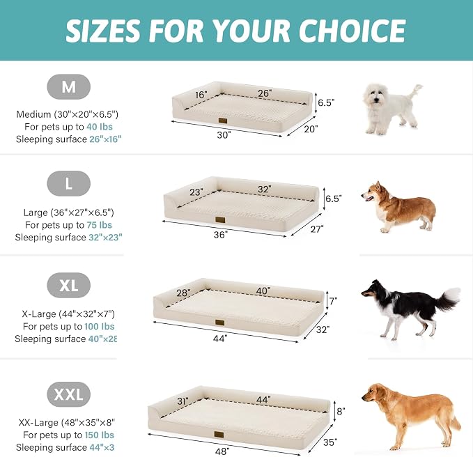 COZY KISS Orthopedic Dog Bed for Extra Large Dog 44x32 inch, XL Pet Sofa, Bolster Foam Bed with Sides, Non-Slip and Egg-Crate Big Dog Couch Bed with Washable Removable Cover, Beige