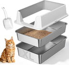 Stainless Steel Sifting Cat Litter Box for Pine Pellets, Light Gray | Sifting Design, Double Layer Mesh System, With High Sides, Non-Stick Surface, Easy Clean, for Large Cats