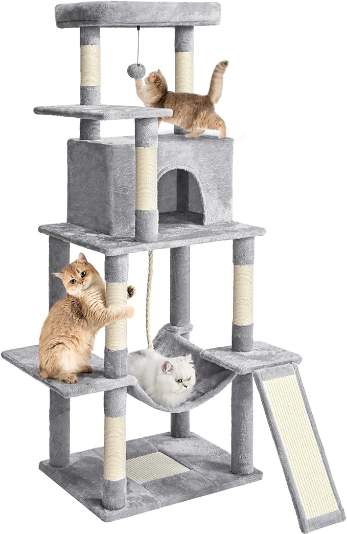 ABCPET 63" Multi-Level Cat Tree Tower for Indoor Cats, Light Grey | 63" multi-level cat tower with sisal scratch posts, cat condo, hammock, dangling toy & wide perch for indoor cat rest & play