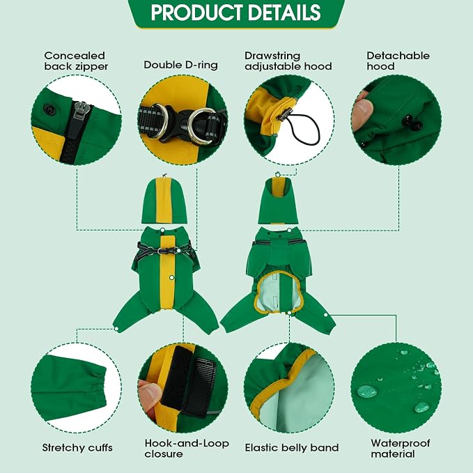 QBLEEV Lightweight Dog Windbreaker, Waterproof Outdoor Jacket, Green, 2XL | Waterproof & windproof | built-in harness | easy on and off with dual closure | reflective safety strips | detachable hood