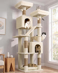 Globlazer F74D Cat Tree for Large Cats 20+ lbs, 74in Tall Tower, Beige | Easy Assembly, Maine Coon, Large Cats, 2 Condos, Steel-Rim Basket Bowl, Plush Bed, 2 Perches, Sisal Posts, Anti-Topple Strap