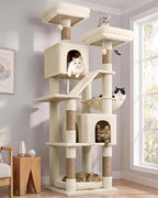 Globlazer F74D Cat Tree for Large Cats 20+ lbs, 74in Tall Tower, Beige | Easy Assembly, Maine Coon, Large Cats, 2 Condos, Steel-Rim Basket Bowl, Plush Bed, 2 Perches, Sisal Posts, Anti-Topple Strap