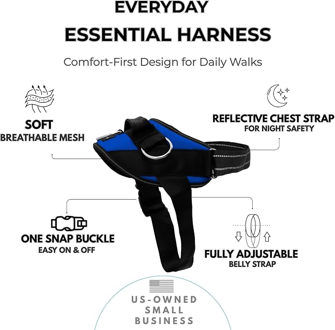 ShawnCo Essential Dog Harness, No-Pull Pet Vest with 3 Leash Clips, No Choke, Reflective, Adjustable and Padded, for Easy Walking and Training for Small, Medium and Large Dogs (Electric Blue,M)