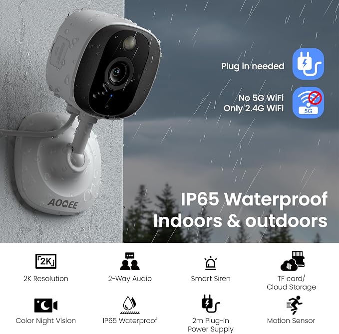 AOQEE 2K Indoor/Outdoor Camera, IP65 Water Resistant & White Light, C1 4Pcs | 2.4G Security Camera Outdoor with Color Night Vision, Human Detection, 2-Way Talk, 24/7 TF Card & Cloud Recording, Plug in