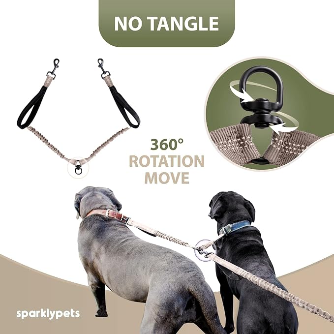 SparklyPets Hands Free Double Dog Leash – Dual Leash for Medium and Large Breeds – Lead for 2 Dogs with Padded Handles, Reflective Stitches, No Pull, Tangle Free (Brown)