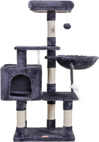 Heybly Cat Tree with Toy, 43.3 inch Cat Tower for Indoor Cats HCT004G | Cat Condo with Durable Sisal Scratching Posts, Cat House with Padded Plush Perch, Cozy Hammock, Smoky Gray