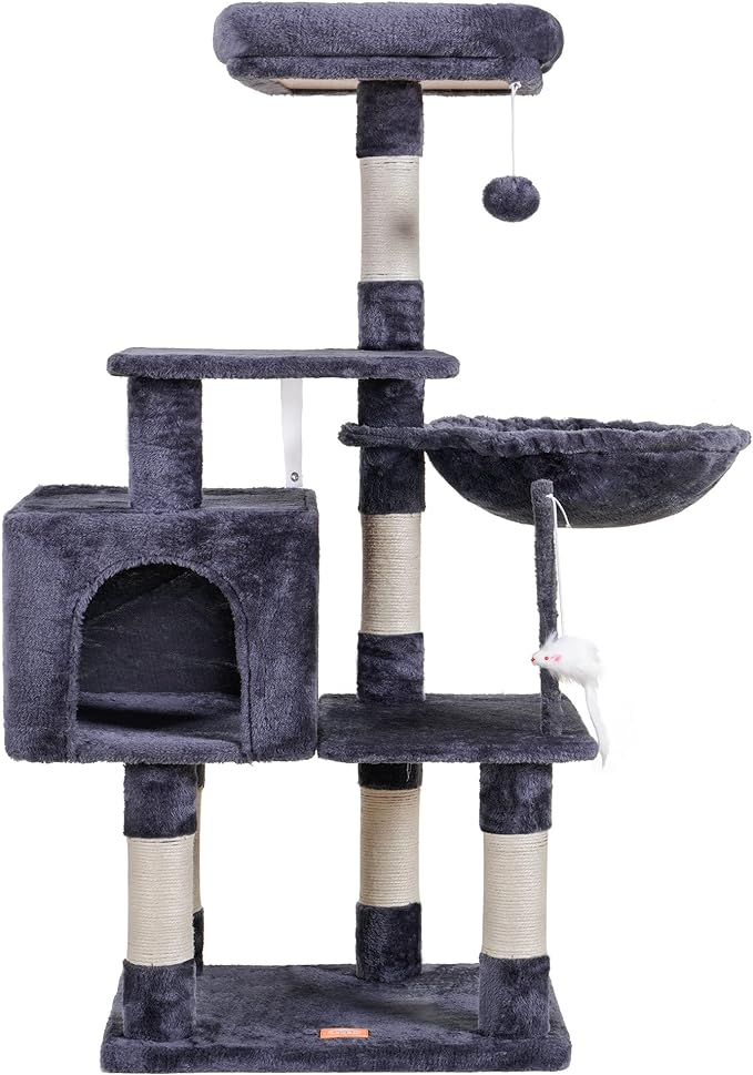 Heybly Cat Tree with Toy, 43.3 inch Cat Tower for Indoor Cats HCT004G | Cat Condo with Durable Sisal Scratching Posts, Cat House with Padded Plush Perch, Cozy Hammock, Smoky Gray