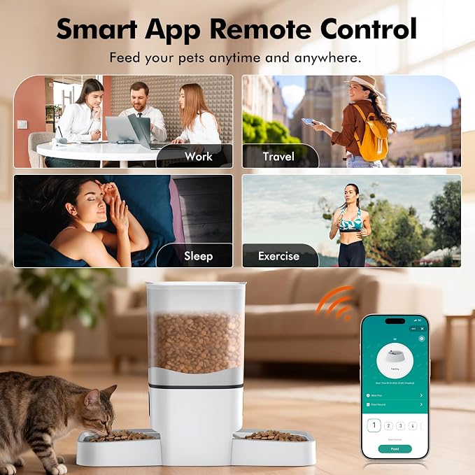 Automatic Cat Feeder for 2 Cats, 6L Large Capacity, 2.4G WiFi, APP Control | Timed Cat Dry Food Dispenser for Cats & Dogs with 2 Stainless Steel Bowls, Dual Power Supply, 10s Voice Recorder