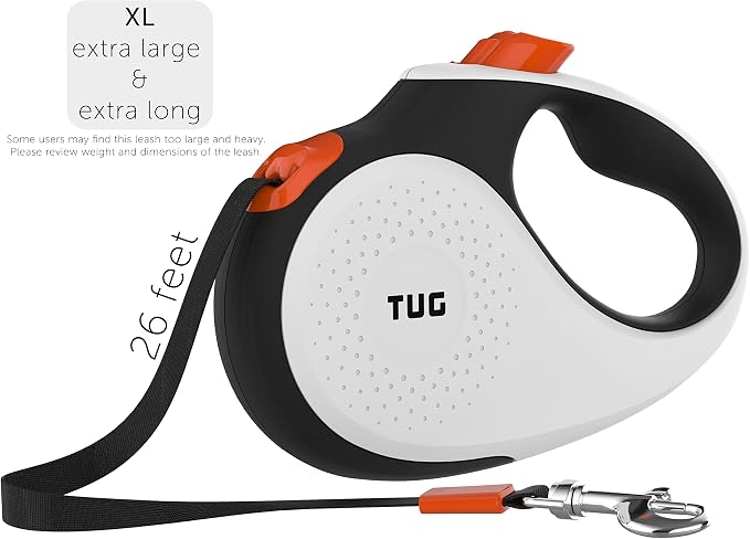 TUG XL 360° Tangle-Free Retractable Dog Leash with Anti-Slip Handle | 26 ft Strong Nylon Tape | One-Handed Brake, Pause, Lock (Extra Large, White/Orange)