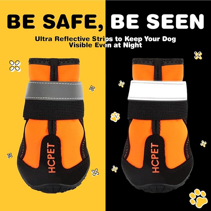 Hcpet Dog Boots, Dog Shoes for Large Dogs, Medium Dog Boots & Paw Protectors, Anti-Slip Dog Booties for Hot Pavement Winter Snow Hiking with Reflective Straps Orange Size 1