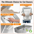 Stainless Steel Cat Litter Box, Extra Large XL Odor Free Metal Litter Box with High Sides Lid, Open Top Litter Pan Include Scoop Easy Cleaning Kitty Cat Box Anti-Urine Leakage, Non-Sticky