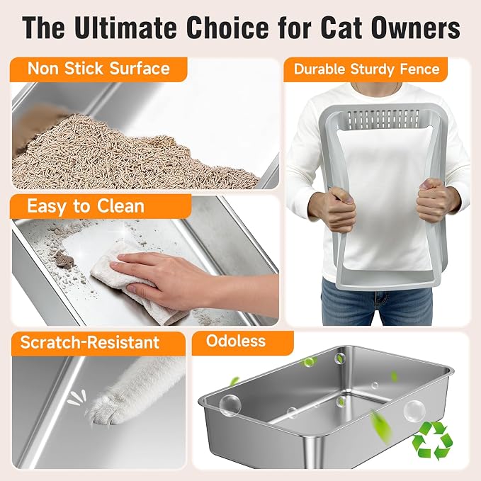 2PACK Stainless Steel Cat Litter Boxes XL Large Metal Pan Include Scoop | High Sides Lid Odor Free Easy Cleaning Anti-Scratch Anti-Urine Leakage Non-Sticky