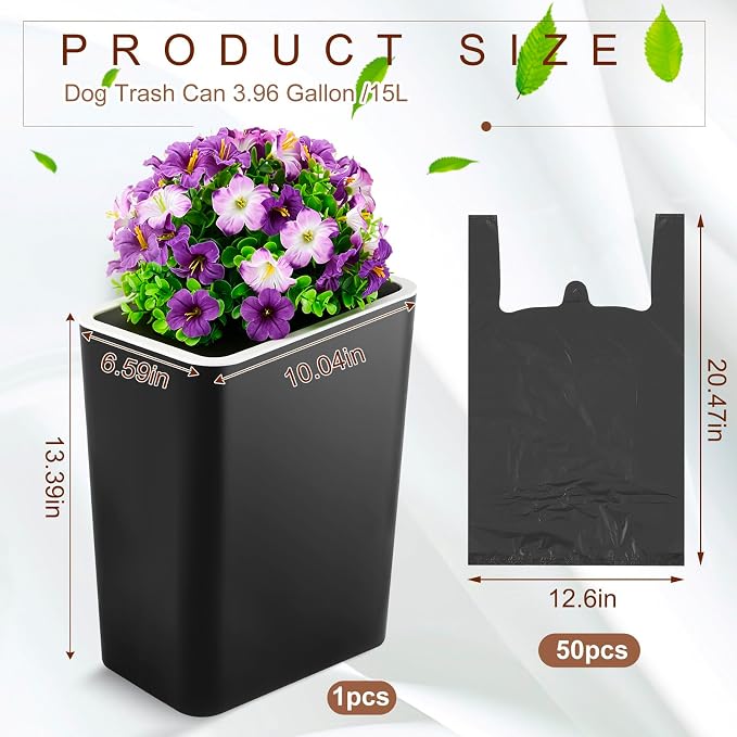 Jingmore Dog Poop Trash Can Outside 3.96 Gal/ 15 L Plant Styled Dog Waste Trash Can with Lid 50 Waste Bags Outdoor Indoor Poop Container Slim Garbage Bin for Yard Garden Pet(Purple Flower Black)