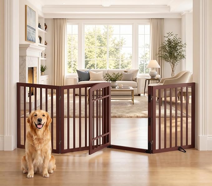 Homykic Dog Gate Indoor, 94.5" W x 30" H Extra Wide Foldable Bamboo Pet Gate with Door, No Assembly Freestanding Dog Fence with 2 Support Feet & 360°Hinges for Doorways Hallways (Espresso, 4 Panels)