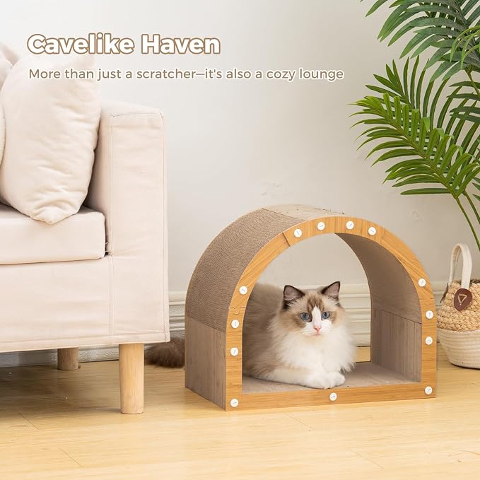 Avont Cardboard Cat Scratcher House, Kitten Tunnel & Scratching Pad | Modern Scratch Pad for Indoor Cats, Durable Corrugated Cardboard Scratcher for kitty