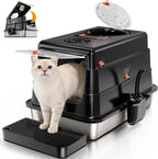 Stainless Steel Cat Litter Box with Lid, Enclosed Extra Large Metal | Litter Pan for Big Cats, Full Flip Cover High Sided Litter Box Include Scoop, Easy Cleaning, Non-Stick, Black
