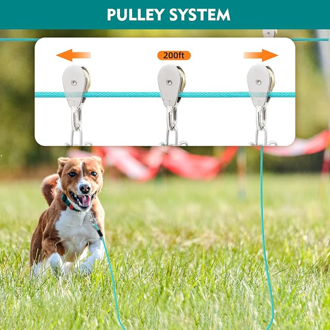 Dog Runner for Yard, Trolley System, 200FT+15FT, Blue | Chew-resistant Cable, Shock Spring Softens Pulls, 360° Swivel Reduce Tangles