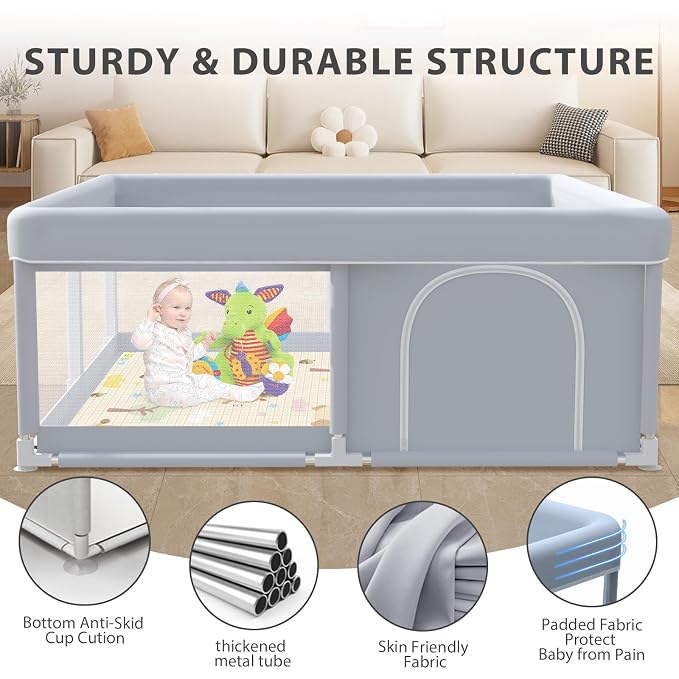 XVISHX Baby Playpen with Mat, 50 x 50 Inch Play Pen Playards, Playpen for Babies and Toddlers, Baby Playard for Indoor & Outdoor Active Center Game Fence, Skin-Friendly Fabric and Soft Breathable Mesh