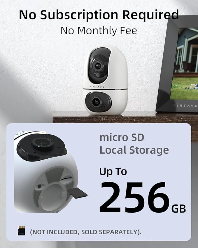 VIRTAVO Pet Camera Indoor No Subscription 2 Pack, for Dog Cat Baby | Dual Lens Dual View, 360° PTZ, Auto Motion Tracking, 2-Way Audio, Night Vision, Phone App, SD & Cloud, Wired