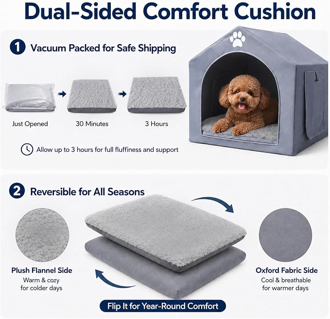 Dog House Indoor for Medium Dogs, 25 x 25 x 28 Inch Dog Tent with Reversible Cushion, Washable Foldable Pet House with Sturdy PVC Frame, Non-Slip Bottom & Roof Cover for 15-45 lbs Dogs and Cats, Gray