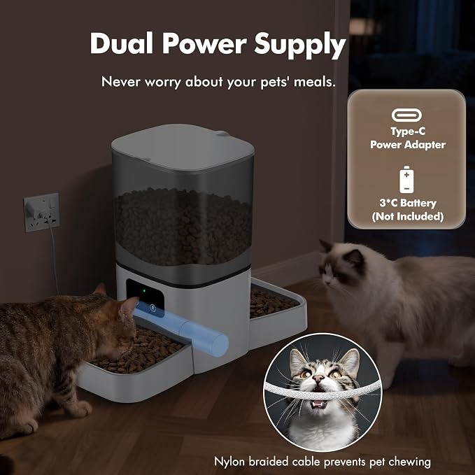 Automatic Cat Feeder for 2 Cats, 6L Large Capacity, 2.4G WiFi, APP Control | Timed Cat Dry Food Dispenser for Cats & Dogs with 2 Stainless Steel Bowls, Dual Power Supply, 10s Voice Recorder