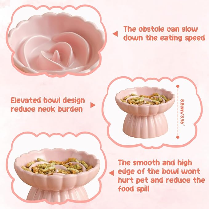 Ceramic Raised Slow Feeder Cat Bowl with Lick Mat, for Indoor Cats and Small Dogs Like Chihuahua, French Bulldog, Poodle,Anti Vomiting for Dry and Wet Food-Pink Bowl+Lick Mat