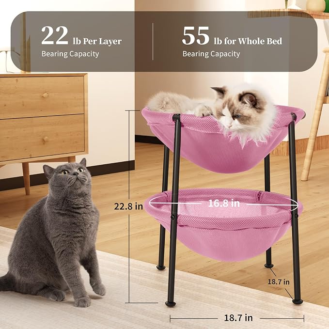 JUNSPOW Double Cat Bed Pink, Breathable Pet Bed for 2 Cats with 4 Adjustable Feet & Anti-Slip Mats, Easy Assembly Cat Hammock for Multi-cat Household, Indoors & Outdoors, 22.8 in x18.7 in x 18.7 in