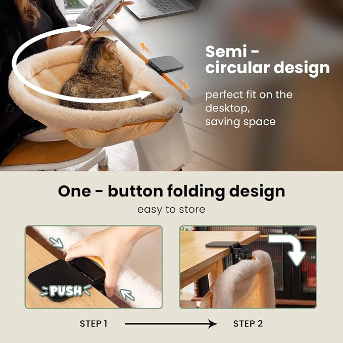 JUNSPOW Cat Desk Bed One-Click Folding Maximum Holds 40lb, Cream Fur | Sunken Design & Space-Saving Semi-Circular Cat Bed, Soft Faux Rabbit Fur Material, Suitable for Various Desktops