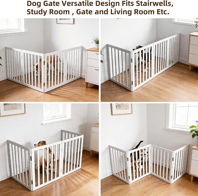 Dog Gate Indoor, Freestanding Dog Fence for The House, Doorways, Hallways,or Stairs,Pet Gate Foldable Wooden,Expandable 32" Height 4 Panels,White