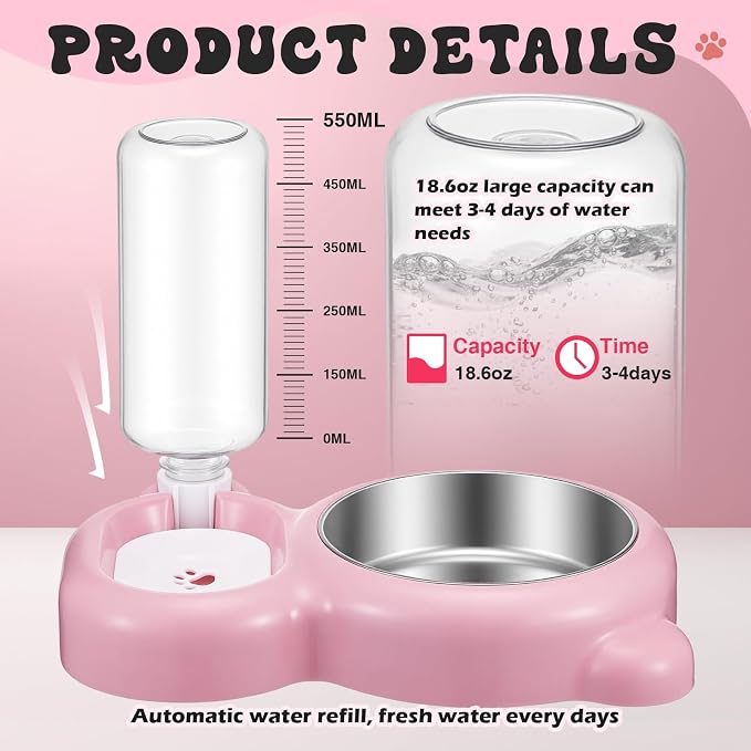 Pink Cat Food and Water Bowl and Non-Slip Silicone Mat Set Stainless Steel Food Bowl with 18.6oz Large Capacity Water Dispenser for Cats and Small Dogs