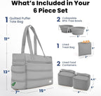 Rubyloo Puffer Dog Travel Bag for Dog Moms, Diaper Bag with Travel Bowls | 2 BPA-Free Collapsible Bowls, 2 Pet Food Containers, 9 Pockets, Everyday Puffer Bag Works With or Without Your Dog, Grey