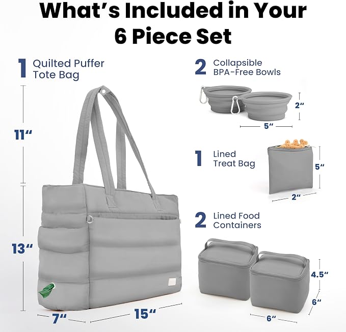 Rubyloo Puffer Dog Travel Bag for Dog Moms, Diaper Bag with Travel Bowls | 2 BPA-Free Collapsible Bowls, 2 Pet Food Containers, 9 Pockets, Everyday Puffer Bag Works With or Without Your Dog, Grey