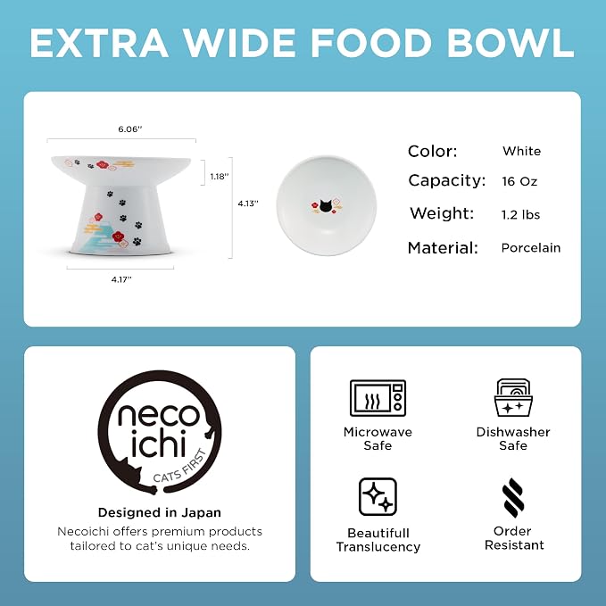 Necoichi Ceramic Extra-Wide Elevated Cat Food Bowl (Fuji, Extra Wide)