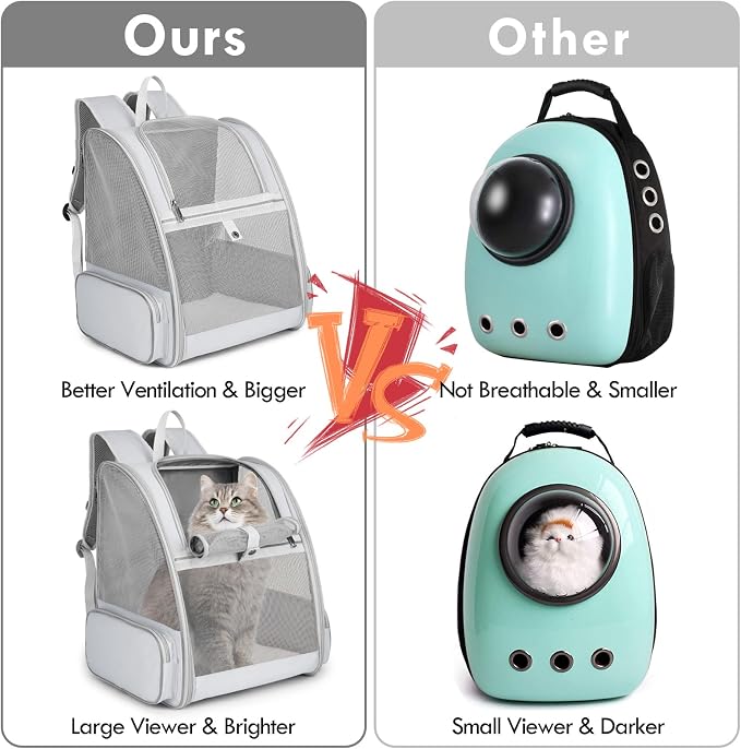 Cat Backpack Carrier, Large Pet Carrier Backpack with Kitten Wand Feather Toy for Medium Small Dog Cat Puppy Kitty Bunny up to 15lbs, Ventilated Mesh Kitten Bookbag for Travel Walking Outdoor (Grey)