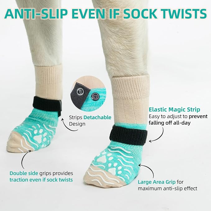 PUPTECK Anti Slip Dog Socks, Shoes with Grippers to Prevent Licking Hardwood Floors Traction, Rubber Boots & Paw Protectors for Small Medium Large Dogs Cold/Hot Pavement, Senior Dogs Booties Green