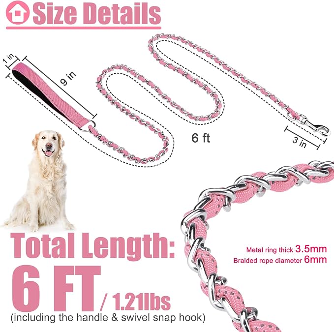 HOMIMP Chew Proof Dog Leash for Medium Large Dogs, Reflective 6 FT Heavy Duty Metal Chain Dog Leashes with Soft Padded Handle, Anti Bite Durable Rope Leashes for Pitbull, Non Chewable, Light Pink
