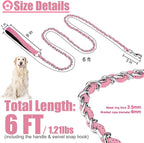 HOMIMP Chew Proof Dog Leash for Medium Large Dogs, Reflective 6 FT Heavy Duty Metal Chain Dog Leashes with Soft Padded Handle, Anti Bite Durable Rope Leashes for Pitbull, Non Chewable, Light Pink